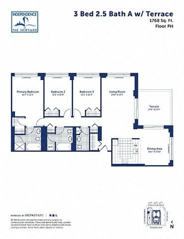 Floor plan for 3 beds, 2.5 baths, 1768 sqft